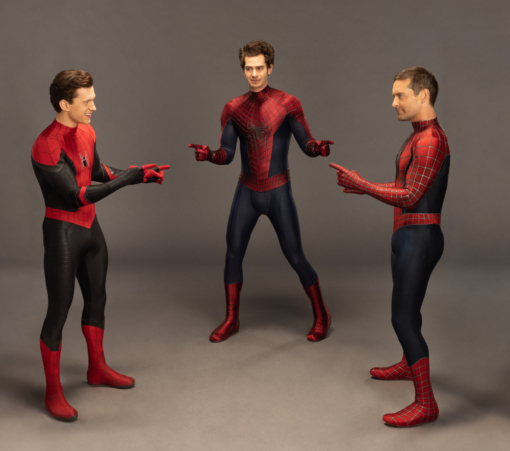 (From left) Tom Holland, Andrew Garfield and Tobey Maguire recreate the 1960s Spider-Man scene. u00e2u20acu201d Picture from Twitter/SpiderManMovie