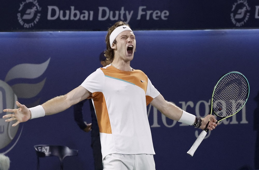 Russia's Andrey Rublev celebrates winning his semi-final match against Poland's Hubert Hurkacz in Dubai February 25, 2022. u00e2u20acu2022 Reuters pic