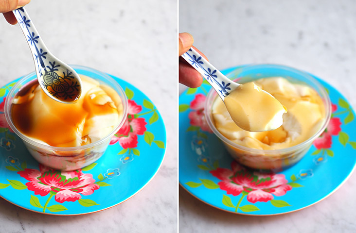 Add brown sugar syrup to the soybean pudding for sweetness (left). The texture of the 'tau foo fa' is incredibly soft and delicious (right)