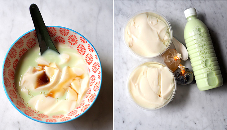 If you want a stronger soybean taste, add soybean milk to your 'tau foo fa' (left). Take away the 'tau foo fa' and their soybean milk drink for a refreshing treat (right)