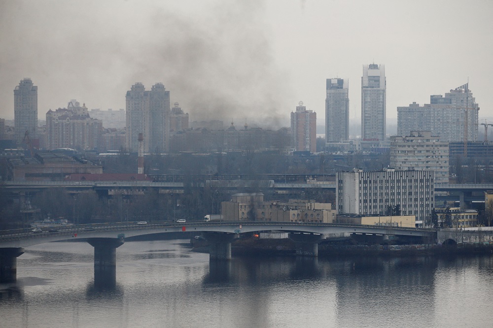 Smoke rises from the territory of the Ukrainian Defence Ministry's unit, after Russian President Vladimir Putin authorised a military operation in eastern Ukraine, in Kyiv, Ukraine February 24, 2022. u00e2u20acu2022 Reuters pic 