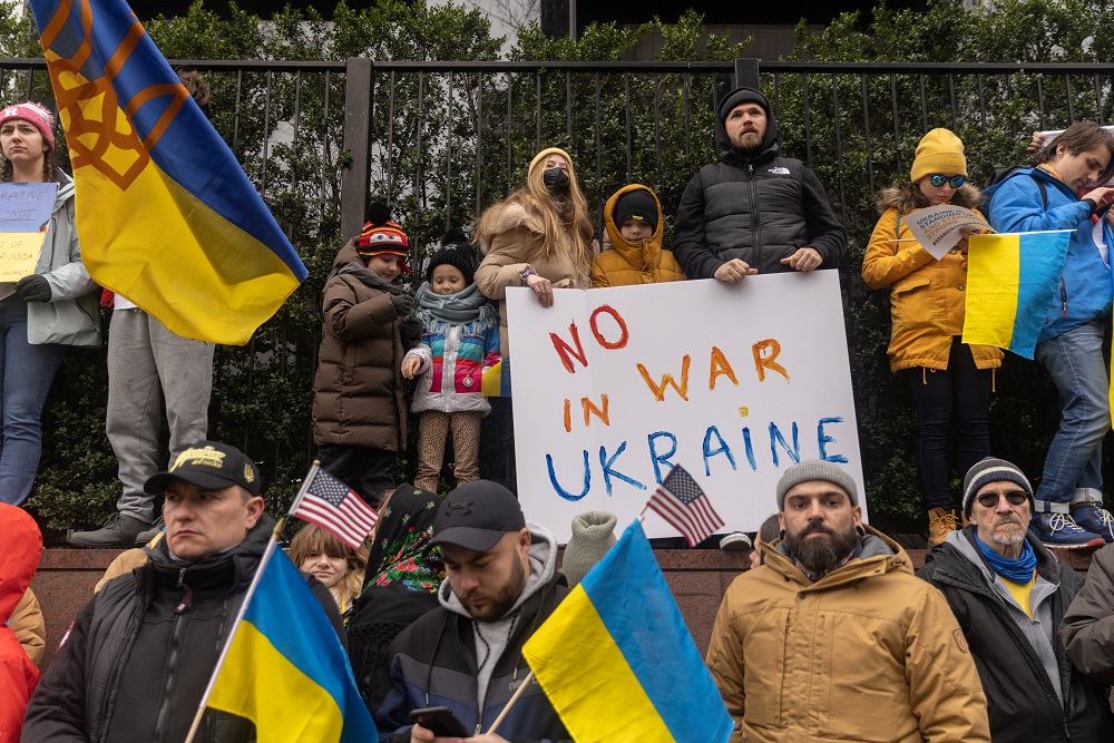 People take part in a protest against Russia's massive military operation in Ukraine, outside the United Nations headquarters in New York February 24, 2022. u00e2u20acu2022 Reuters pic