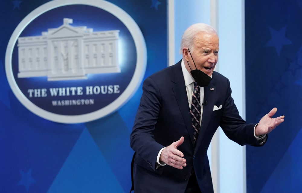 US President Joe Biden reacts as he arrives to host a virtual roundtable on securing critical minerals at the White House in Washington February 22, 2022. u00e2u20acu2022 Reuters pic
