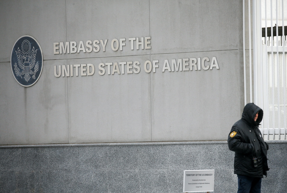 A security guard stands near the US embassy in Kyiv, Ukraine February 12, 2022. u00e2u20acu201d Reuters pic