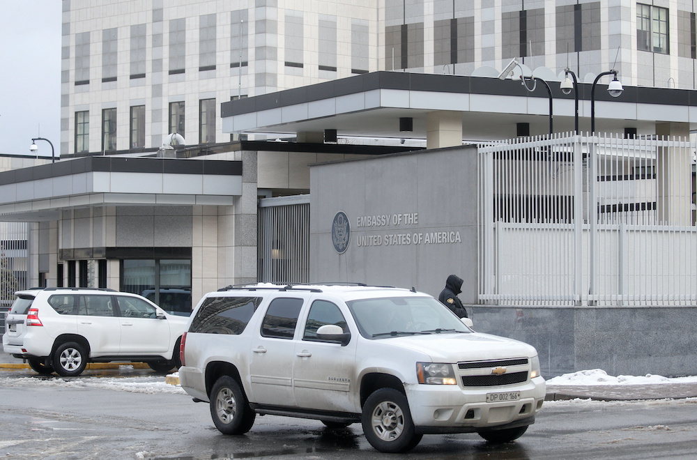 A diplomatic car drives out of the territory of the US embassy in Kyiv, Ukraine February 12, 2022. u00e2u20acu201d AFP picnn