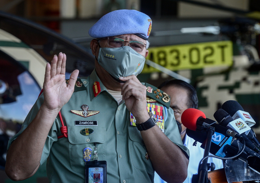 Chief of Army Gen Tan Sri Zamrose Mohd Zain speaks to the media at Hangar 2, Invation Aero in Subang, February 28, 2022. u00e2u20acu201d Bernama pic 