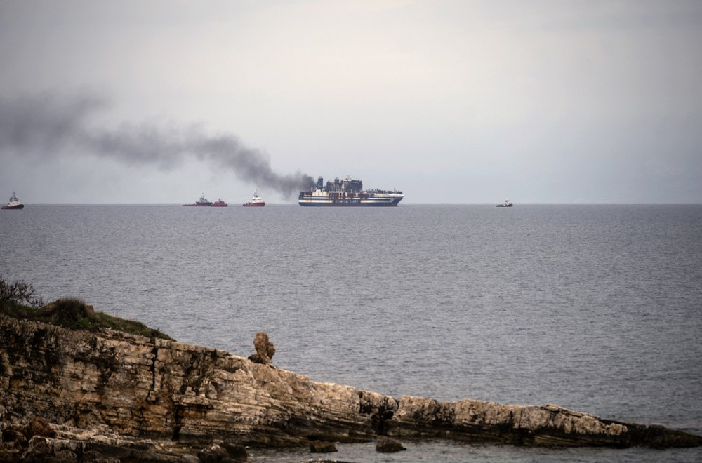 Smoke rises from the Italian-flagged Euroferry Olympia, which is on fire, off the coast of the Greek Ionian island of Corfu, on February 21, 2022. u00e2u20acu201d AFP pic