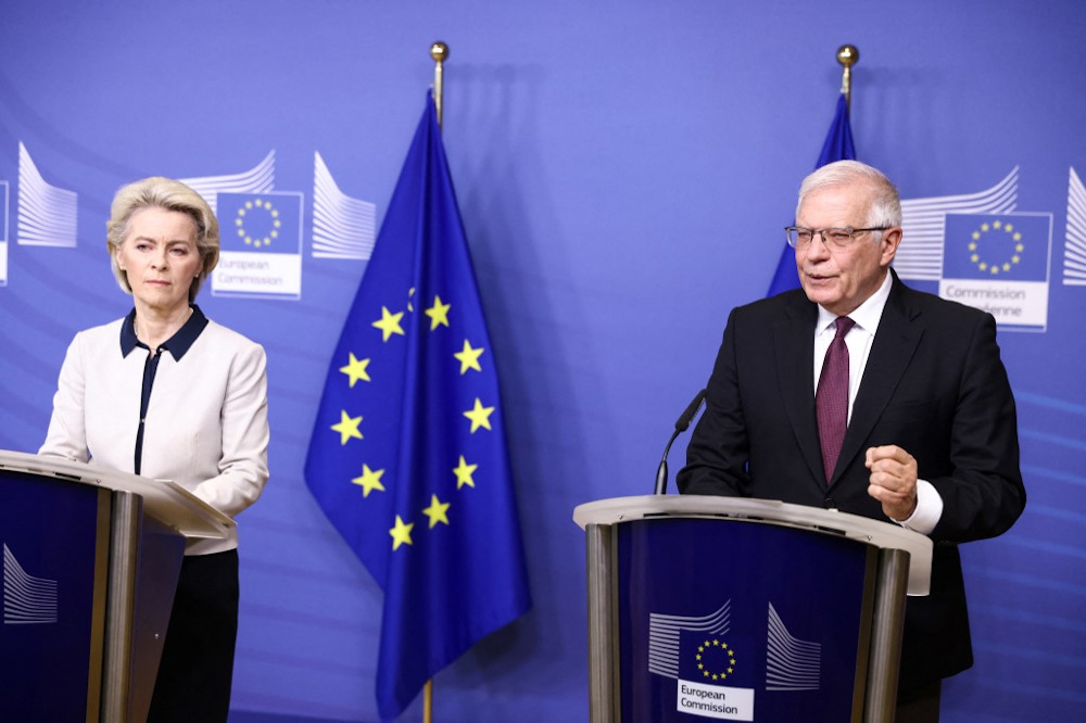 European Commission President Ursula von der Leyen (left) and vice-president in charge of Foreign Policy Josep Borrell (right) give a joint press statement on Russiau00e2u20acu2122s attack on Ukraine, in Brussels on February 24, 2022. u00e2u20acu201d AFP pic
