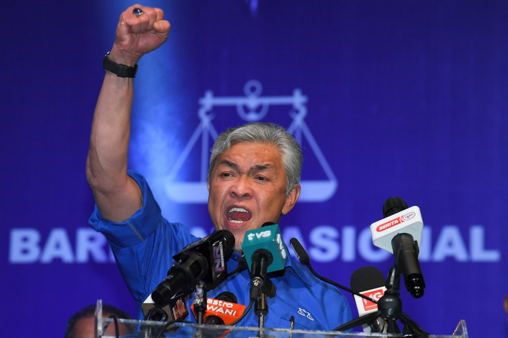 Datuk Seri Ahmad Zahid Hamidi speaks during the launch of the Johor BN west zone machinery operations centre at the EduCity Sports Complex in Iskandar Puteri February 5, 2022. u00e2u20acu2022 Bernama pic