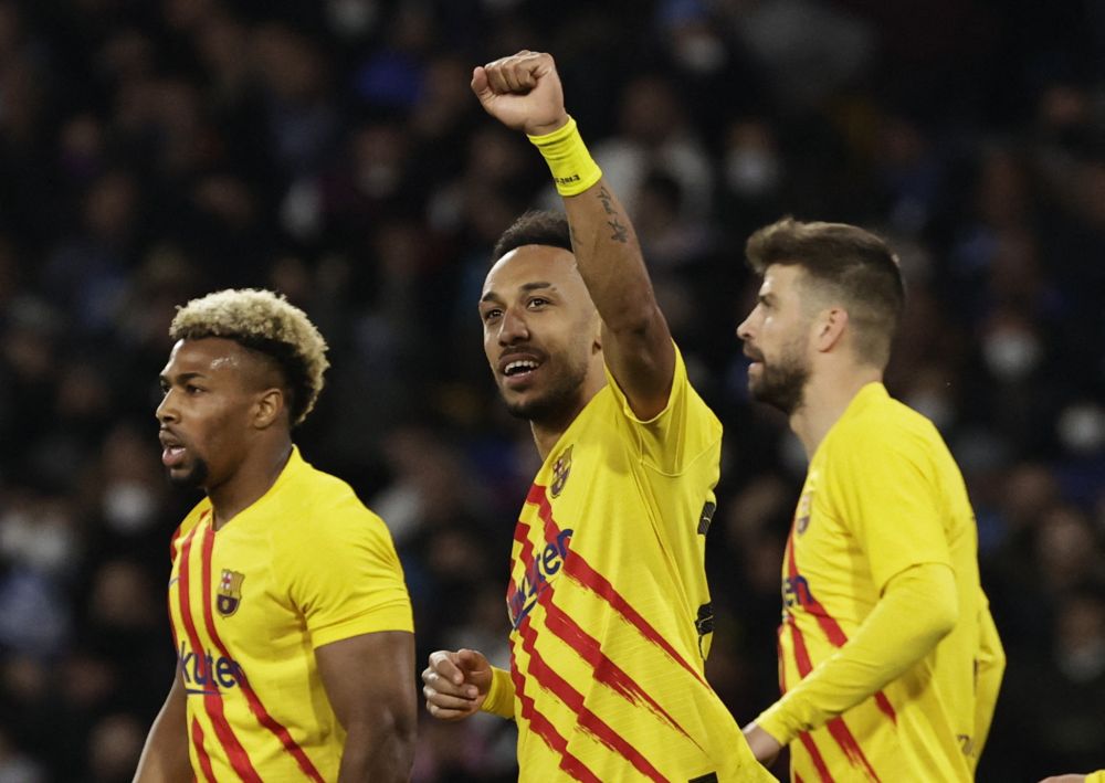 Barcelona's Pierre-Emerick Aubameyang celebrates scoring their fourth goal against Napoli at Stadio Diego Armando Maradona, Naples February 24, 2022. u00e2u20acu201d Reuters pic