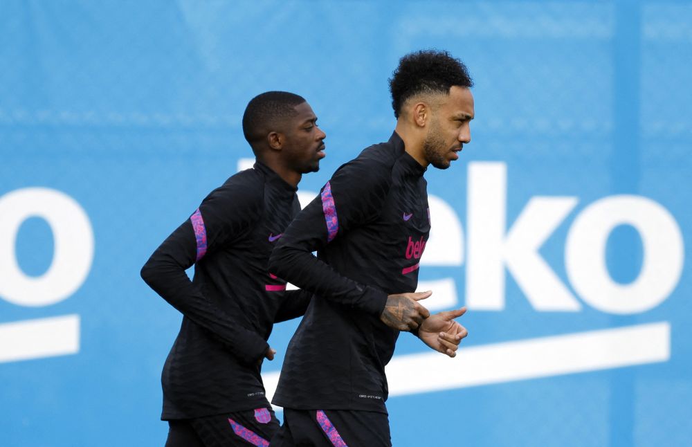 FC Barcelona's Ousmane Dembele and Pierre-Emerick Aubameyang during training at Ciutat Esportiva Joan Gamper, Barcelona  February 16, 2022. u00e2u20acu201d Reuters pic