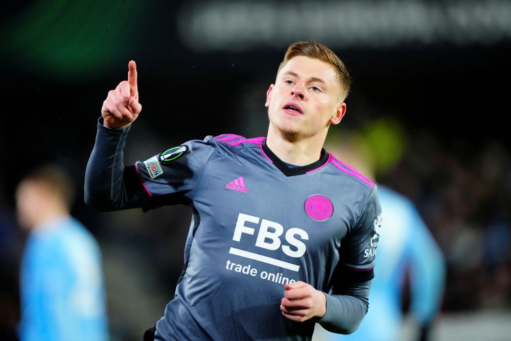 Leicester City's Harvey Barnes celebrates scoring their first goal against Randers at the Randers Stadium in Randers, Denmark February 24, 2022. u00e2u20acu201d Reuters pic