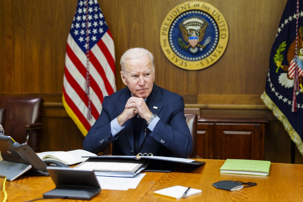 In this image released by the White House, US President Joe Biden speaks with Russian President Vladimir Putin from the presidential retreat in Camp David, Maryland, on February 12, 2022. u00e2u20acu201d WHITE HOUSE / AFP pic