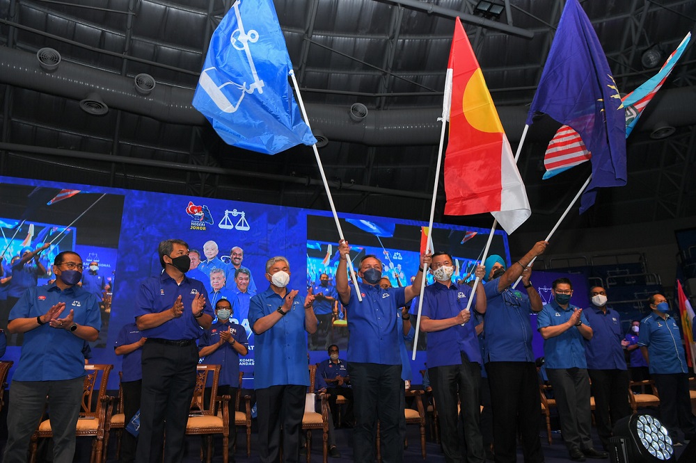 Datuk Seri Ahmad Zahid Hamidi launches the Johor BN west zone machinery operations centre at the EduCity Sports Complex in Iskandar Puteri February 5, 2022. u00e2u20acu2022 Bernama pic