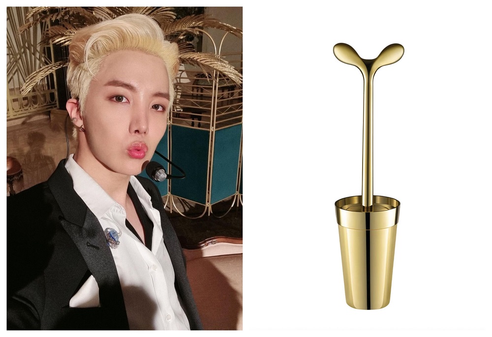 BTS member J-Hope was gifted a limited-edition gold toilet brush for his special day. u00e2u20acu2022 Pictures from Instagram/@bts_jhope, Alessi