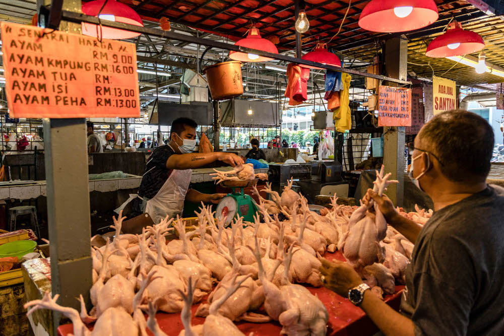 A customer waits to buy chicken at a wet market in Chow Kit, Kuala Lumpur, February 3, 2022. u00e2u20acu201d Picture by Firdaus Latif