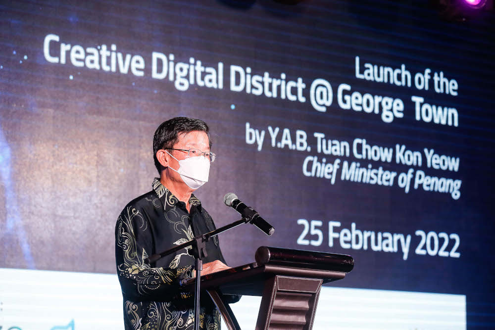 Penang Chief Minister Chow Kon Yeow delivers his speech during the launch of Creative Digital District at Think City, February 25, 2022. u00e2u20acu201d Picture by Sayuti Zainudin