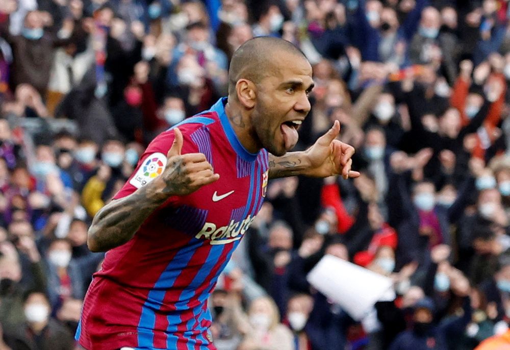 FC Barcelona's Dani Alves celebrates scoring their fourth goal against Atletico Madrid at Camp Nou, Barcelona February 6, 2022.  u00e2u20acu201d Reuters pic