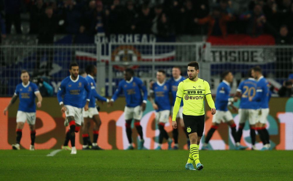 Borussia Dortmund's Raphael Guerreiro looks dejected after Rangers' John Lundstram scores their third goal at Signal Iduna Park, Dortmund February 17, 2022. u00e2u20acu201d Reuters pic