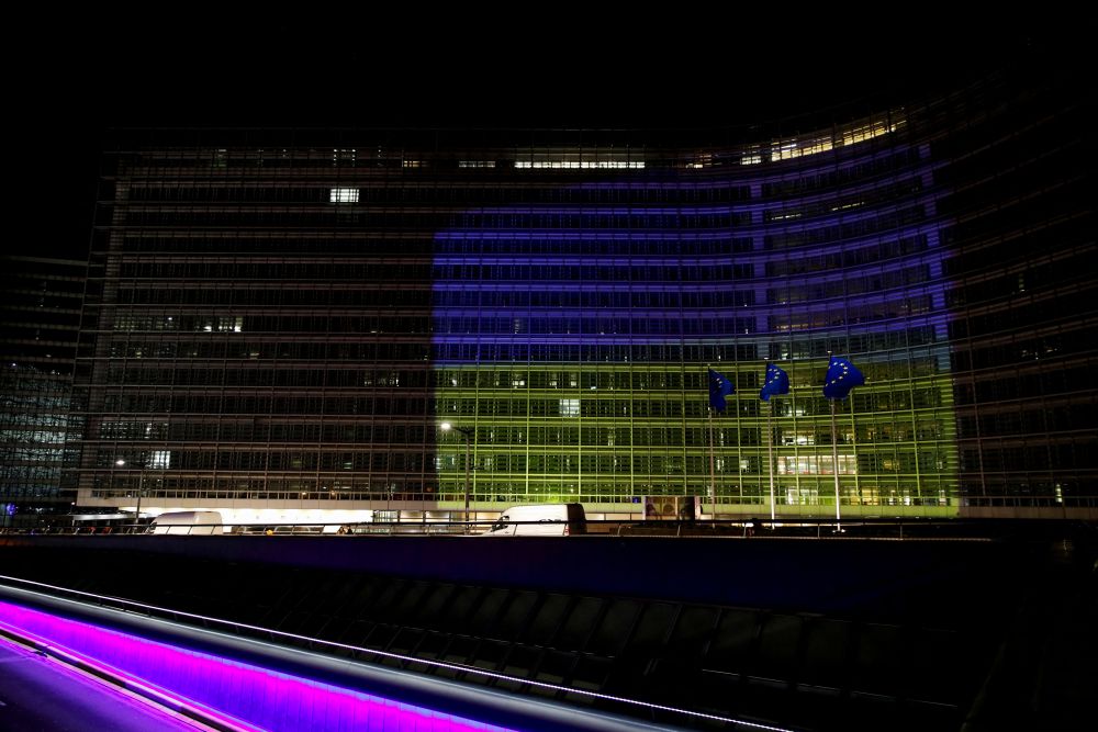 The European Commission building is illuminated in the colours of the Ukrainian flag, in Brussels February 24, 2022. u00e2u20acu201d AFP pic