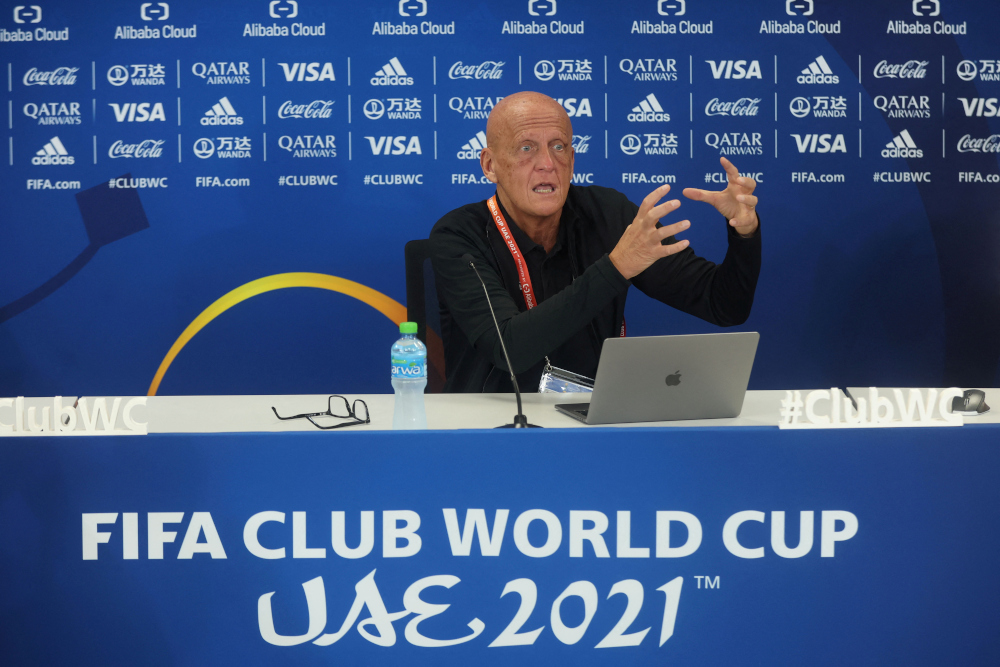 Fifau00e2u20acu2122s chairman of the referees committee Pierluigi Collina during an event to demonstrate semi-automated offside lines being used at Mohammed Bin Zayed Stadium, Abu Dhabi, February 9, 2022. u00e2u20acu2022 Reuters pic 