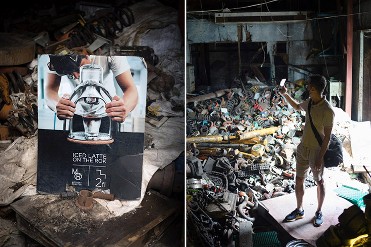 What looks like an abandoned factory with piles of spare parts is actually a secret entrance to the café.