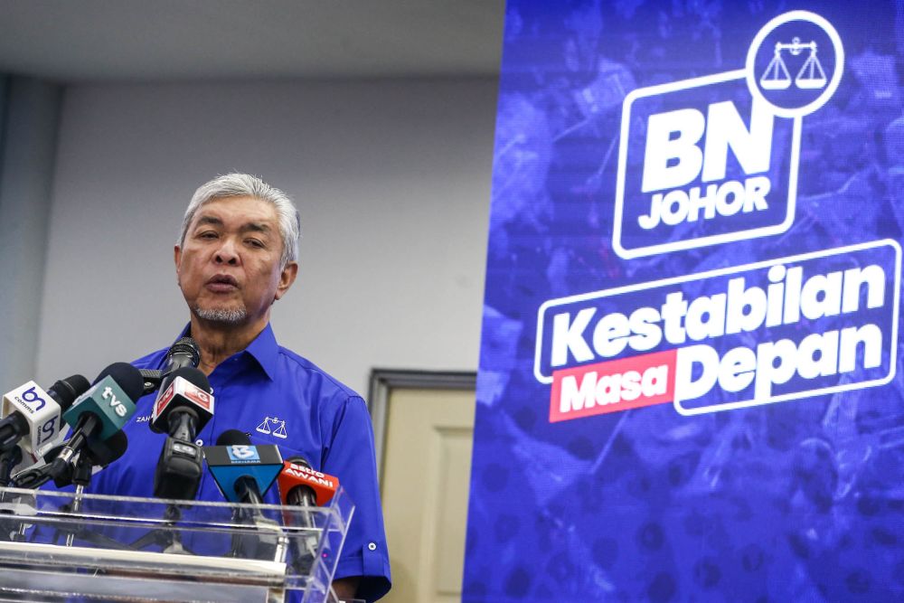 Barisan Nasional chairman Datuk Seri Ahmad Zahid Hamidi speaks at the Johor Umno Liaison Hall in Johor Baru February 24, 2022. u00e2u20acu201d Picture by Hari Anggara