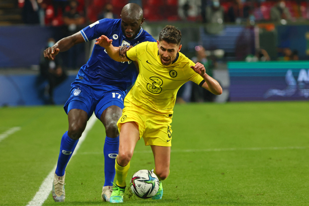 Chelseau00e2u20acu2122s midfielder Jorginho vies for the ball with Hilalu00e2u20acu2122s forward Moussa Marega during the 2021 Fifa Club World Cup semi-final match at Mohammed Bin Zayed stadium in Abu Dhabi, February 9, 2022. u00e2u20acu2022 AFP pic 