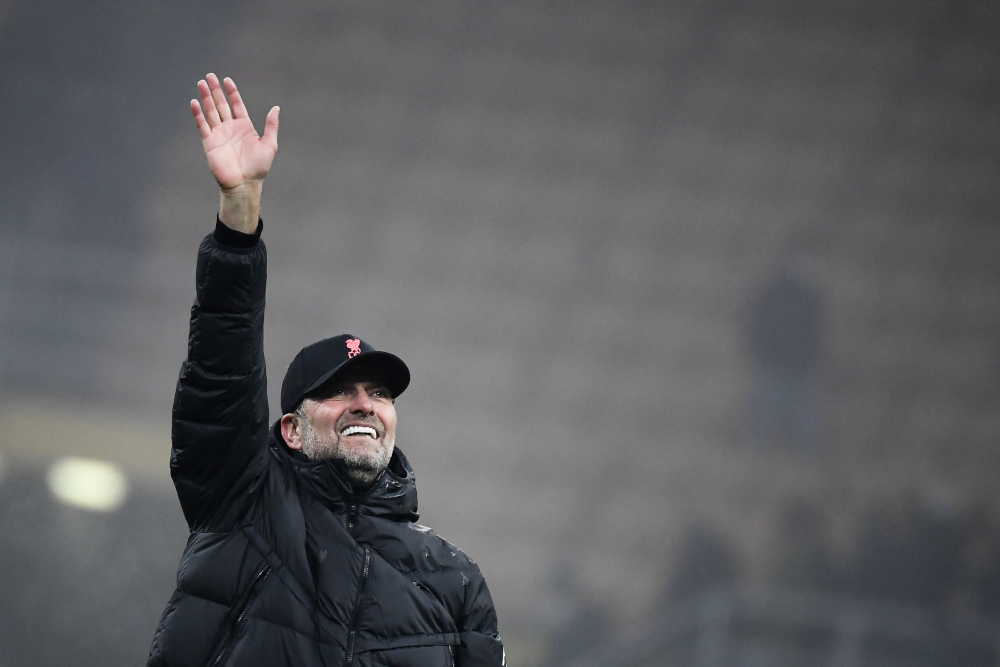 Liverpool manager Jurgen Klopp celebrates after winning the Uefa Champions League round of 16 first leg football match between Inter Milan and Liverpool at the Giuseppe-Meazza (San Siro) stadium in Milan, February 16, 2022. u00e2u20acu201d AFP picnn