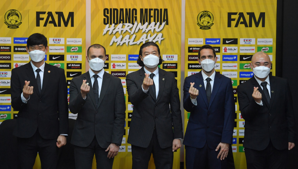 Harimau Malayau00e2u20acu2122s new head coach Kim Pan-gon with other coaches after a press conference at Wisma FAM in Kelana Jaya, February 17, 2022. u00e2u20acu201d Bernama pic 
