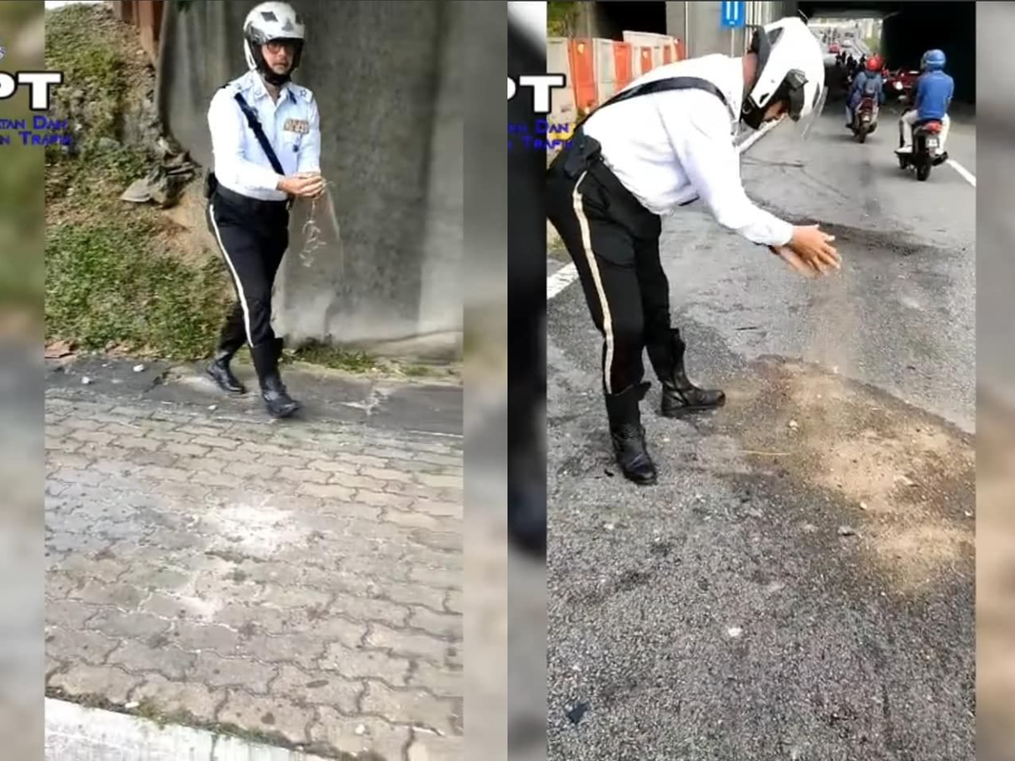 A KL traffic policeman has been applauded after a video of him covering oil slicks on the road went viral. u00e2u20acu201d Picture via Facebook