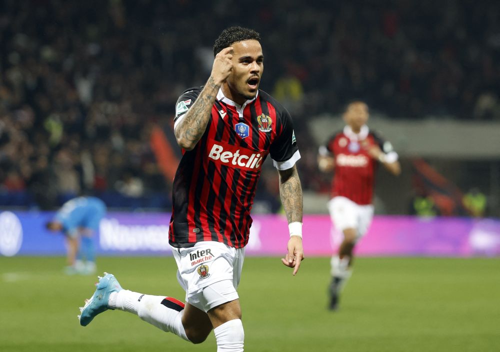 OGC Nice's Justin Kluivert celebrates scoring their second goal against Olympique de Marseille at the Allianz Riviera, Nice February 9, 2022. u00e2u20acu201d Reuters picnn