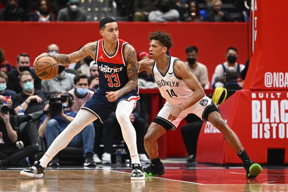 Washington Wizards forward Kyle Kuzma (33) dribbles as Brooklyn Nets forward Kessler Edwards (14) defends during the first half at Capital One Arena, Washington February 10, 2022. u00e2u20acu201d Reuters pic