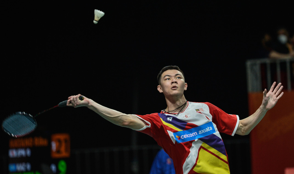 National menu00e2u20acu2122s singles player Lee Zii Jia when playing against Singapore team Loh Kean Yew at the Asian Team Badminton Championships (BATC) 2022 at the Setia City Convention Centre, February 16, 2022. u00e2u20acu201d Bernama picn