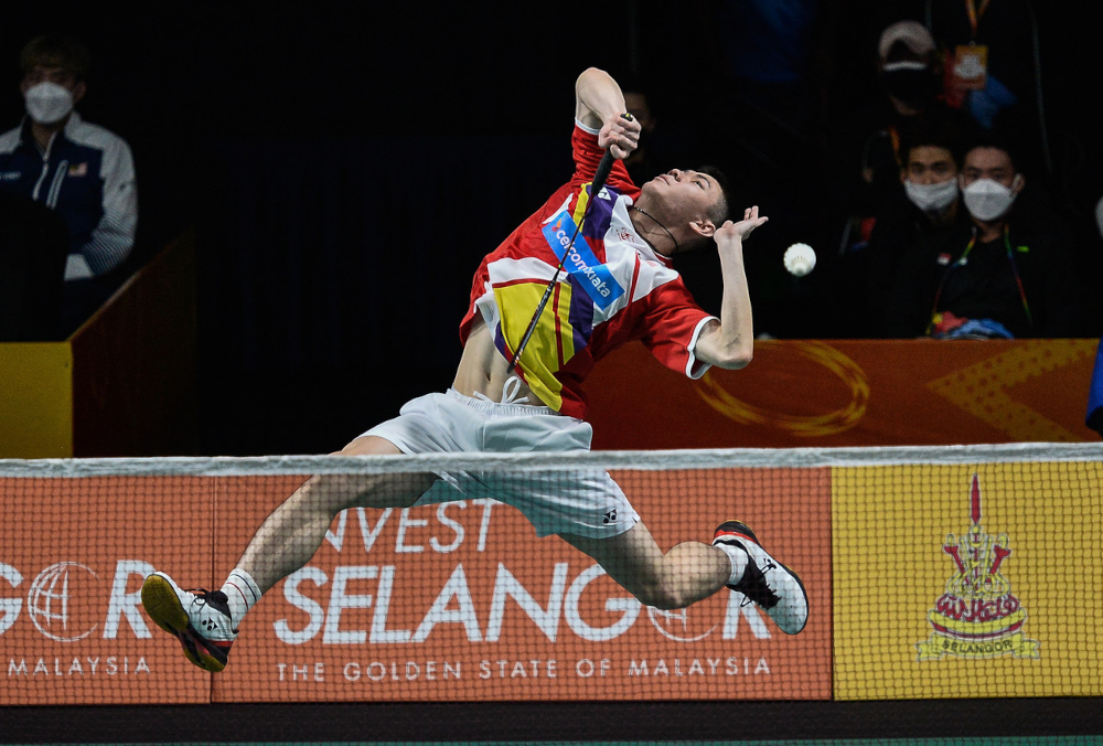 National menu00e2u20acu2122s singles player Lee Zii Jia when playing against Singapore team Loh Kean Yew at the Asian Team Badminton Championships (BATC) 2022 at the Setia City Convention Centre, February 16, 2022. u00e2u20acu201d Bernama picnn