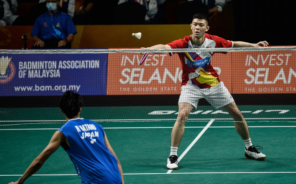 Lee Zii Jia in action during a match against Japanu00e2u20acu2122s Riku Hanato in the opening singles at Setia City Convention Centre in Shah Alam, February 18, 2022. u00e2u20acu2022 Bernama pic 