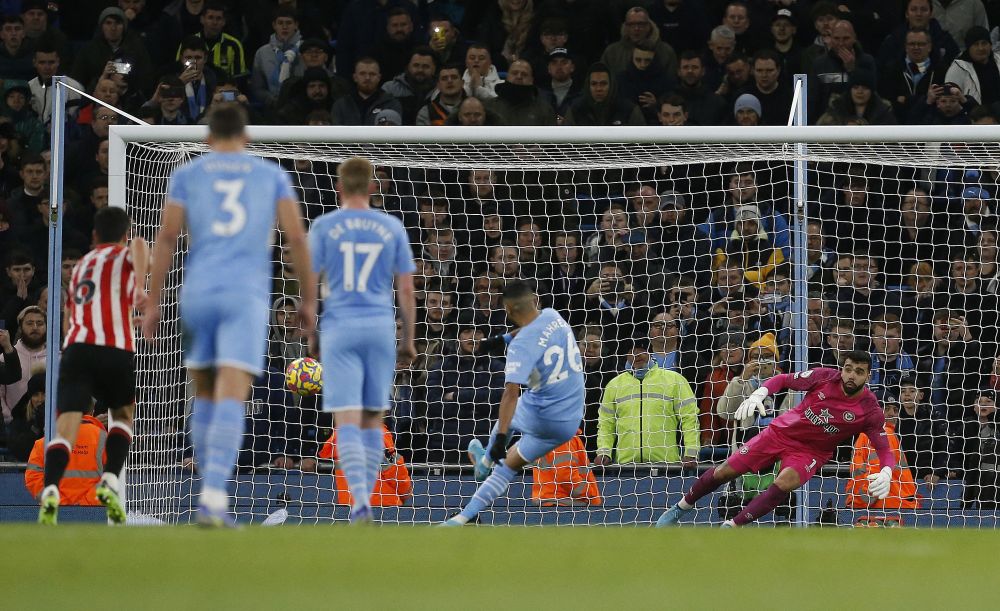 Manchester City's Riyad Mahrez scores their first goal from the penalty spot against Brentford at Etihad Stadium, Manchester February 9, 2022. u00e2u20acu201d Reuters pic