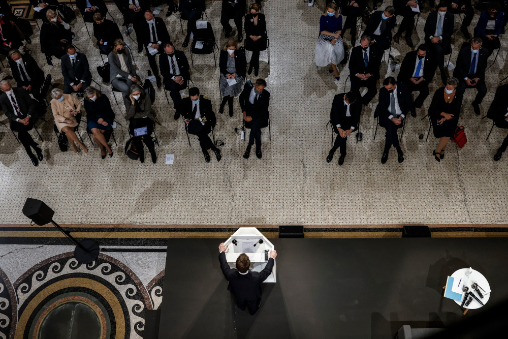 French President Emmanuel Macron (down) delivers a speech on the eve of an informal meeting of European Union Justice and Home Affairs Ministers in Tourcoing, northern France, February 2, 2022. u00e2u20acu201d AFP pic 