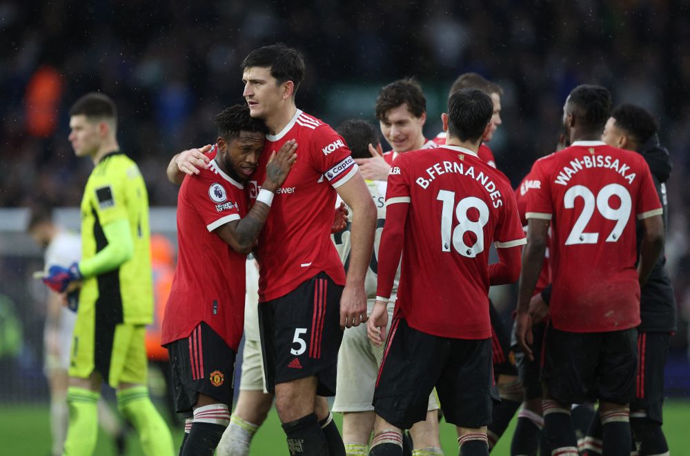 Manchester United's Harry Maguire and Fred celebrate after the match against Leeds United at Elland Road, Leeds February 20, 2022. u00e2u20acu201d Reuters pic