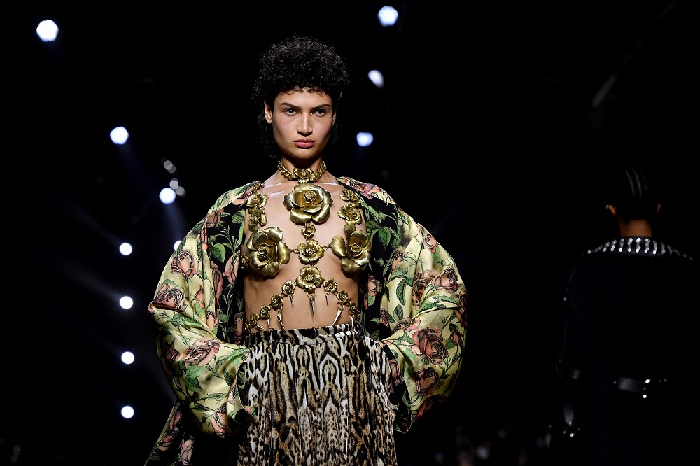 A model presents a creation during the Roberto Cavalli's Women Fall/Winter 2022-2023 collection as part of the Milan Fashion Week in Milan. u00e2u20acu2022 AFP pic