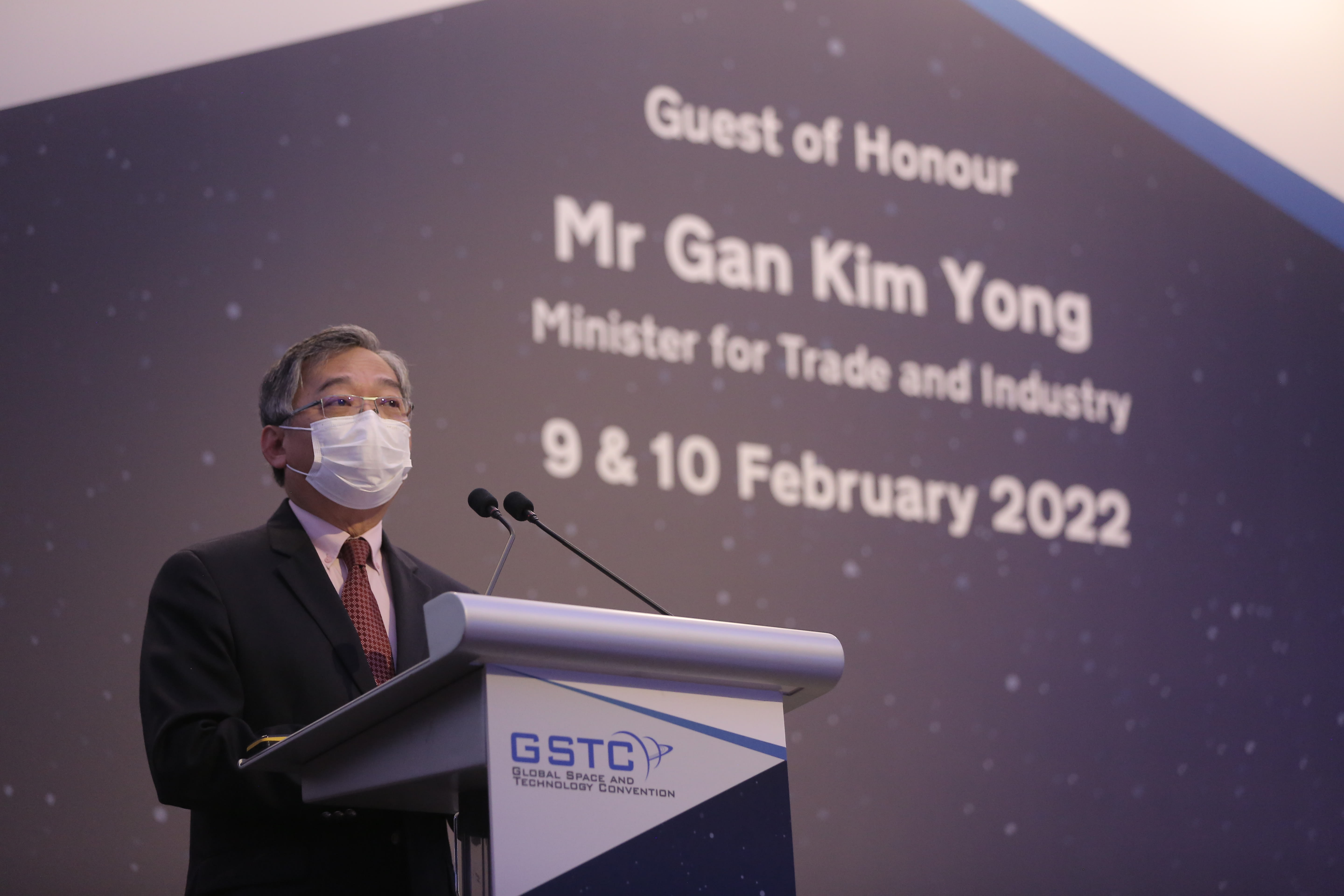 Minister for Trade and Industry Gan Kim Yong giving an opening address at the Global Space and Technology Convention 2022. u00e2u20acu2022 Picture courtesy of Singapore Space and Technology Limited