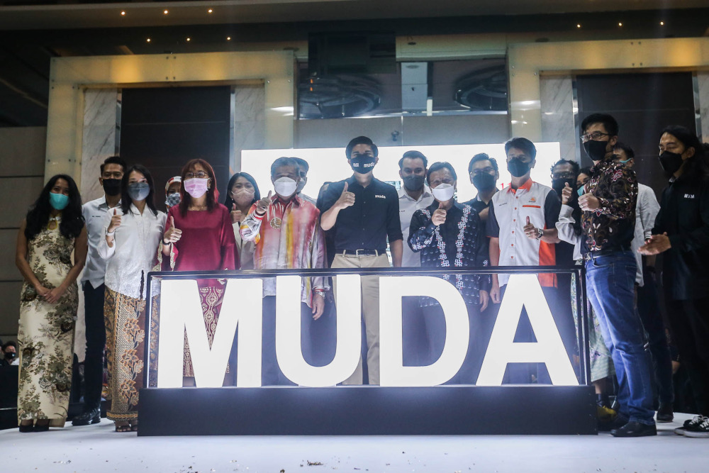 Muda president Syed Saddiq Syed Abdul Rahman with other party leaders during its launch ceremony at the Connexion Conference & Events Centre in Kerinchi, February 11, 2022. u00e2u20acu2022 Picture by Hari Anggara
