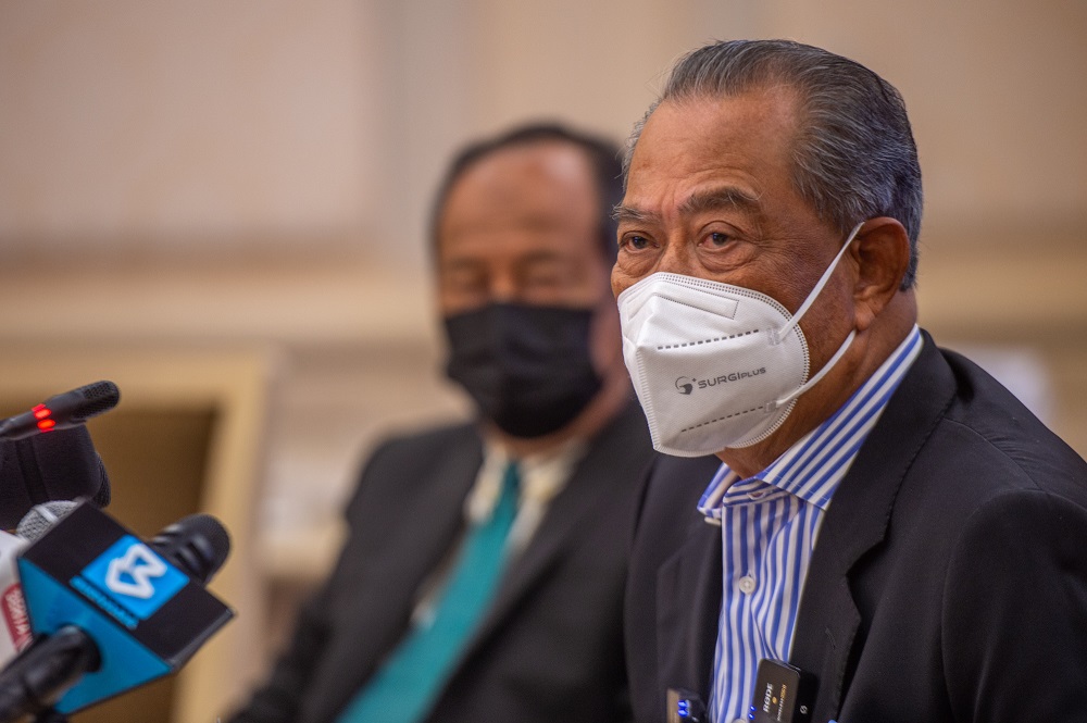 Tan Sri Muhyiddin Yassin speaks during a press conference after chairing the NRC meeting in Putrajaya February 22, 2022. u00e2u20acu2022 Picture by Shafwan Zaidon