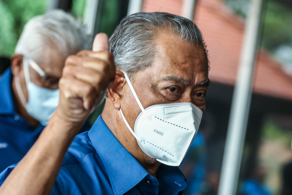 Perikatan Nasional chief Tan Sri Muhyiddin Yassin Yassin arrives at Pulai Springs Resort in Pulai, Johor for the announcement of the candidates for the Johor state election, February 24, 2022. u00e2u20acu201d Picture by Hari Anggara