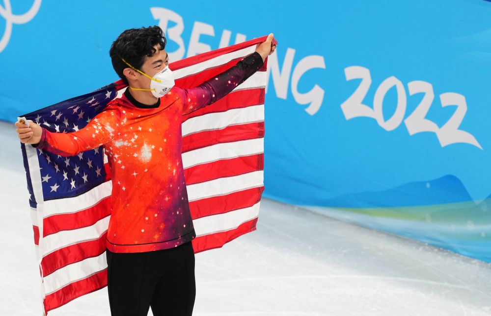 Gold medallist Nathan Chen celebrates after winning the menu00e2u20acu2122s free skating event at the Capital Indoor Stadium, Beijing February 10, 2022.  u00e2u20acu201d Reuters picnn