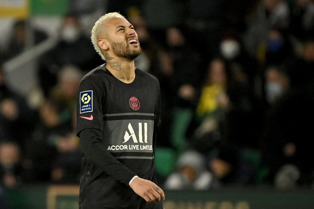 Paris Saint-Germain forward Neymar reacts during the French L1 football match against FC Nantes at the Stade de la Beaujoireu00e2u20acu201cLouis Fonteneau, western France, February 19, 2022. u00e2u20acu201d AFP pic 