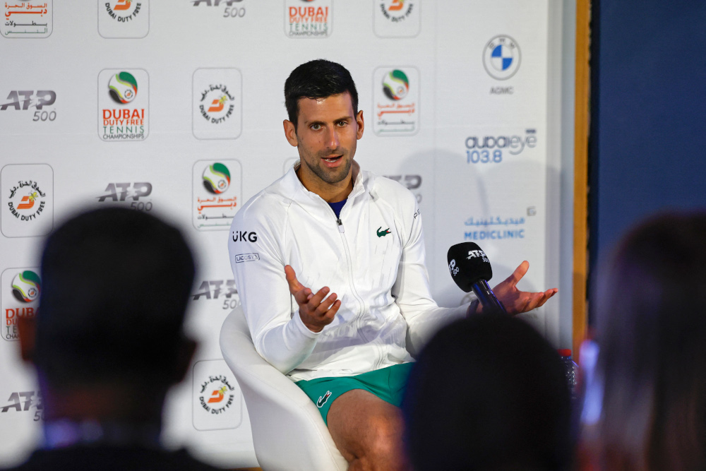 Novak Djokovic holding a press conference ahead of the ATP Dubai Duty Free Tennis Championship in the Gulf emirate of Dubai, February 20, 2022. u00e2u20acu201d Dubai Duty Free Tennis Championship handout pic via AFP