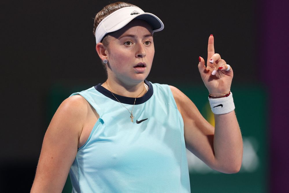 Latvia's Jelena Ostapenko celebrates scoring a point against Spain's Garbine Muguruza during their quarter-final match of the 2022 WTA Qatar Open in Doha February 24, 2022. u00e2u20acu201d AFP pic