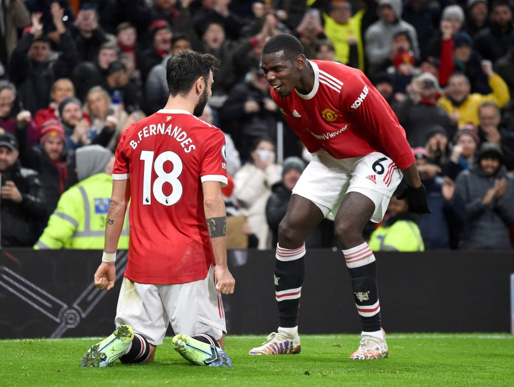 Manchester United's Bruno Fernandes celebrates scoring their second goal against Brighton with Paul Pogba at Old Trafford, Manchester February 15, 2022. u00e2u20acu201d Reuters pic