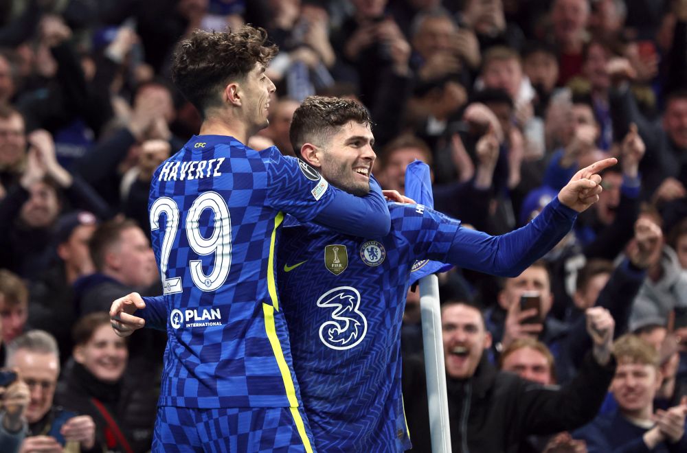 Chelsea's Christian Pulisic celebrates scoring their second goal against Lille with Kai Havertz at Stamford Bridge, London February 22, 2022. u00e2u20acu201d Reuters pic